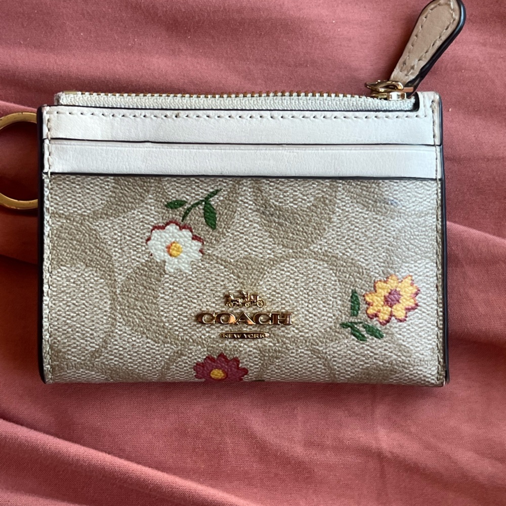 Coach Beige Floral Small Leather Wallet with White Trim and Gold Hardware